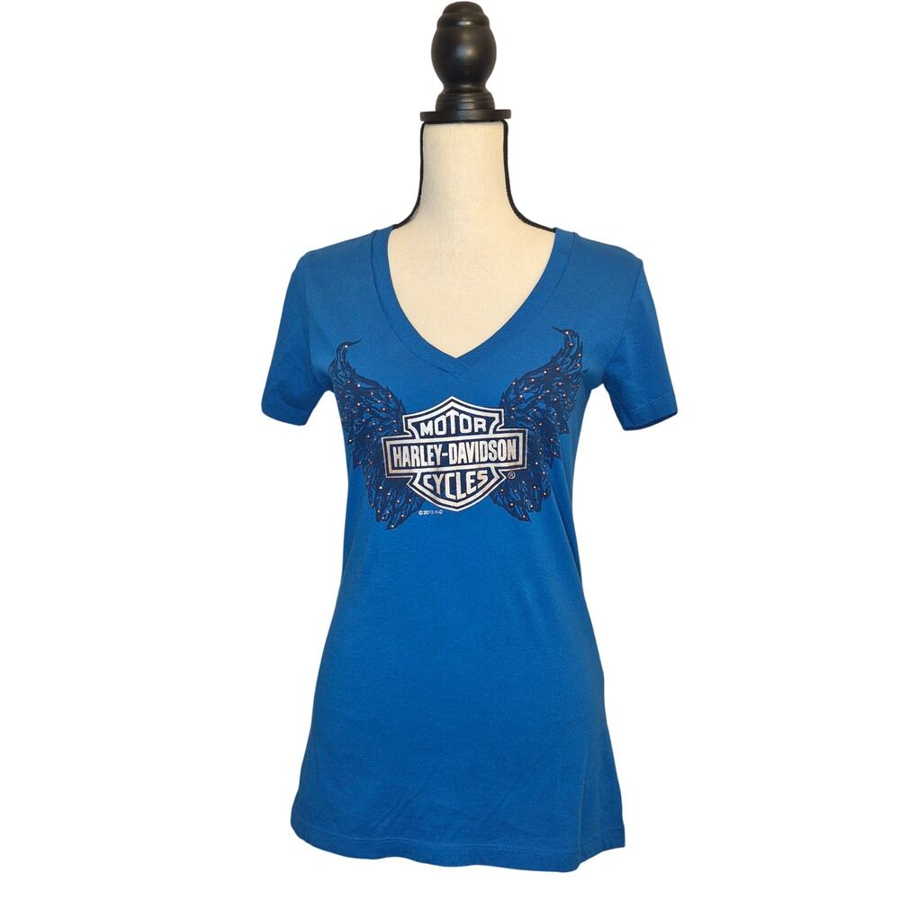 Harley Davidson V Neck T Shirt Blue Winged Rhinestone Graphic Tee Women Size L